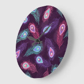 孔雀の羽：手描きヴィンテージ。 ラージ壁時計 (傾斜)