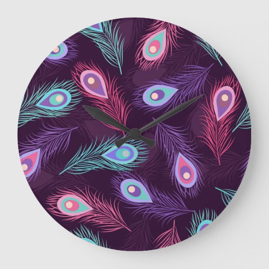 孔雀の羽：手描きヴィンテージ。 ラージ壁時計 (正面)