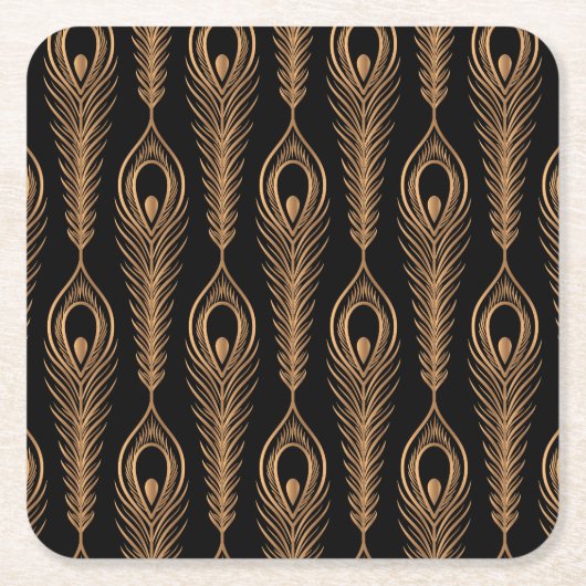 孔雀の羽、豪華なオリエンタルパターン。 スクエアペーパーコースター (正面)