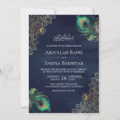 孔雀の羽QRコードネイビーブルームスリム結婚ズ 招待状 (正面)