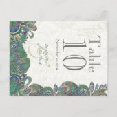 孔雀の色のペイズリー結婚のテーブル番号 ポストカード (裏面)