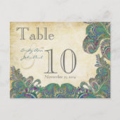 孔雀の色のペイズリー結婚のテーブル番号 ポストカード (正面)
