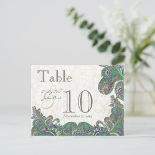 孔雀の色のペイズリー結婚のテーブル番号 ポストカード