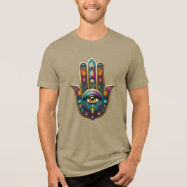 孔雀の色彩のhamsaと金の第三の眼 トライブレンドＴシャツ