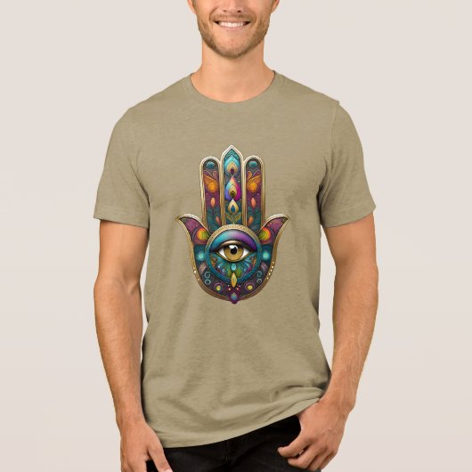 孔雀の色彩のhamsaと金の第三の眼 トライブレンドＴシャツ (正面)