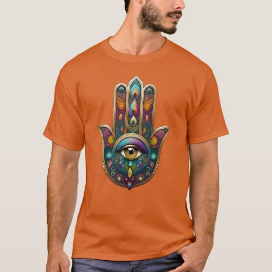 孔雀の色彩 クジャクの手 ゴールドの第三の眼 Tシャツ (正面)