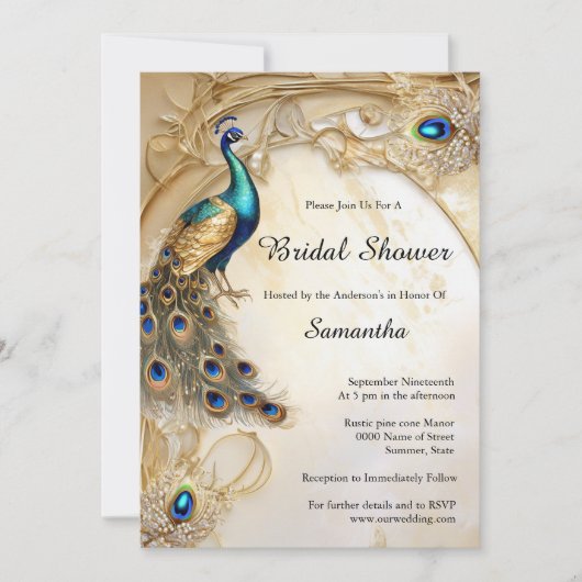 孔雀の虹色の羽のヴィンテージアールヌーボー 招待状 (正面)