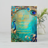 孔雀の虹色の羽アールヌーボー贅沢 箔招待状 (立ち正面)