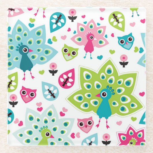 孔雀の鳥およびフクロウ ガラスコースター (正面)