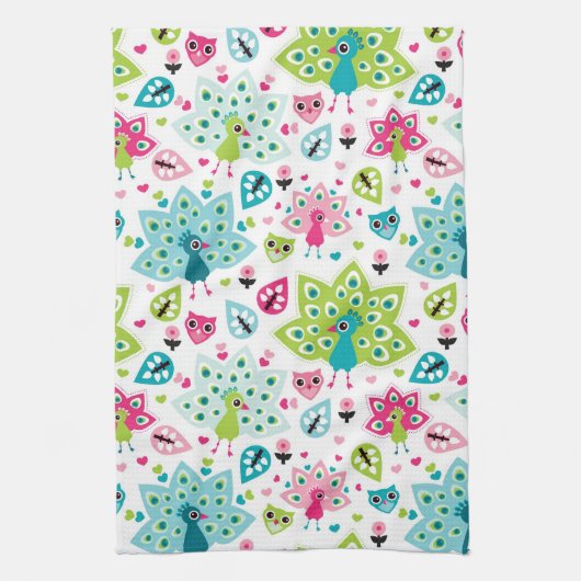 孔雀の鳥およびフクロウ キッチンタオル (縦)