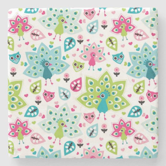 孔雀の鳥およびフクロウ ストーンコースター (正面)