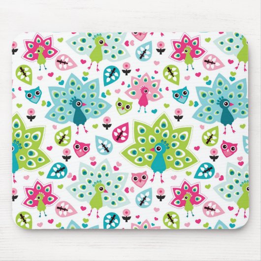 孔雀の鳥およびフクロウ マウスパッド (正面)