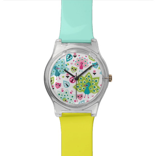 孔雀の鳥およびフクロウ 腕時計 (ディテール)