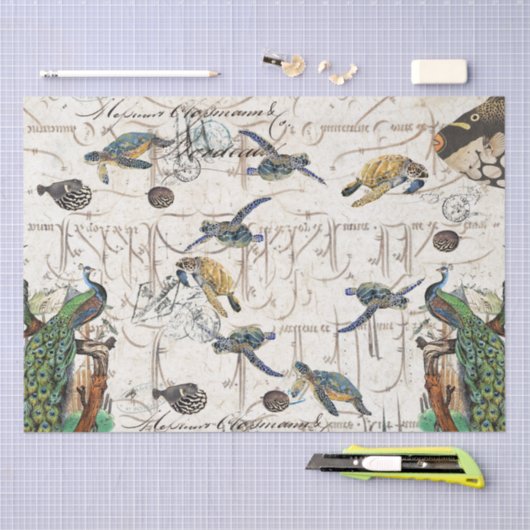 孔雀の鳥のウミガメのフグのフランス人の短命なもの 薄葉紙 (クラフト)
