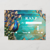 孔雀の鳥のエレガントティール(緑がかった色)の背景シック 出欠カード (正面/裏面)