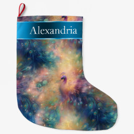 孔雀の鳥の羽ブルー金ゴールドクリスマス名 ラージクリスマスストッキング