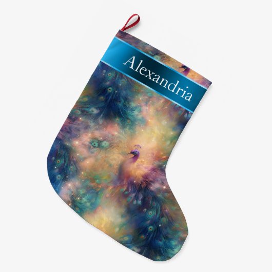 孔雀の鳥の羽ブルー金ゴールドクリスマス名 ラージクリスマスストッキング (正面 (吊り時))