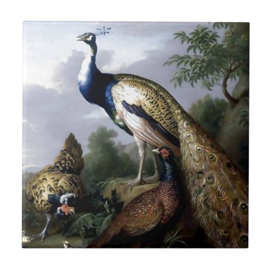 孔雀の鳥家族の絵画 タイル (正面)