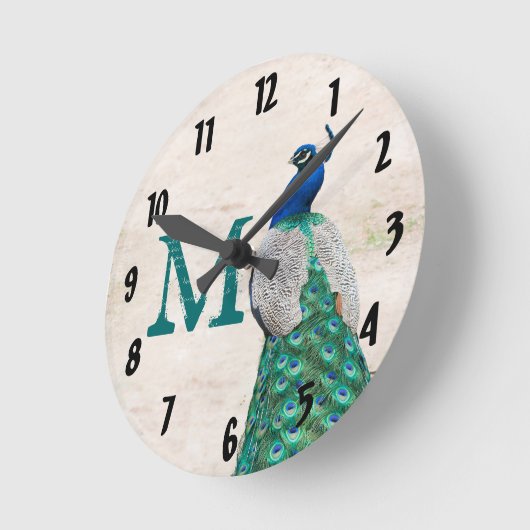 孔雀の鳥羽のモノグラムのイニシャルの柱時計 ラウンド壁時計 (傾斜)