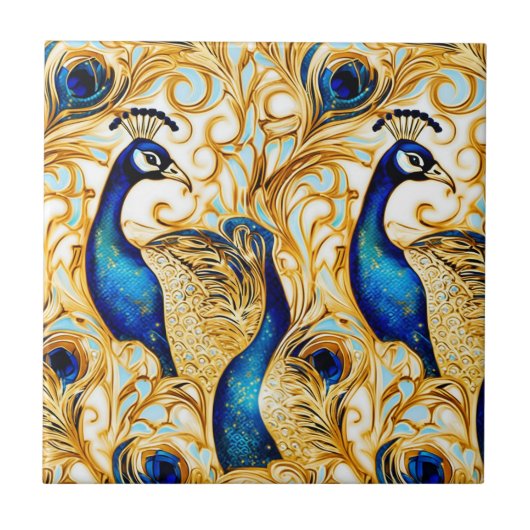 孔雀の鳥 ゴールド ブルー ホワイト アート 壁画 タイル (正面)
