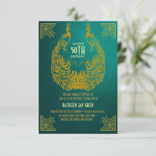 孔雀の20年代のアールデコの第50誕生日の招待状 招待状 (スタンド正面)