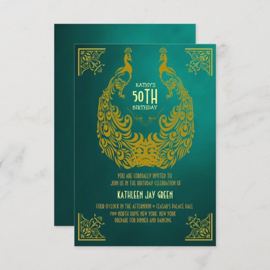 孔雀の20年代のアールデコの第50誕生日の招待状 招待状 (正面/裏面)
