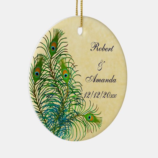 孔雀はカスタマイズ可能な結婚式のオーナメントに羽をつけます セラミックオーナメント (右)