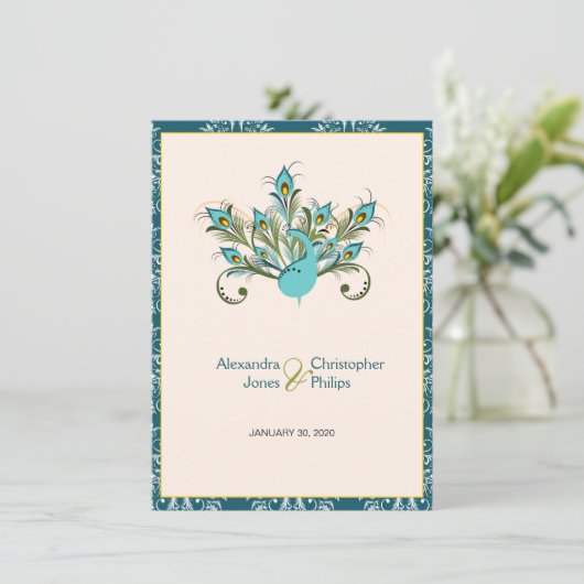 孔雀はダマスク織の結婚式に羽をつけます 招待状 (スタンド正面)