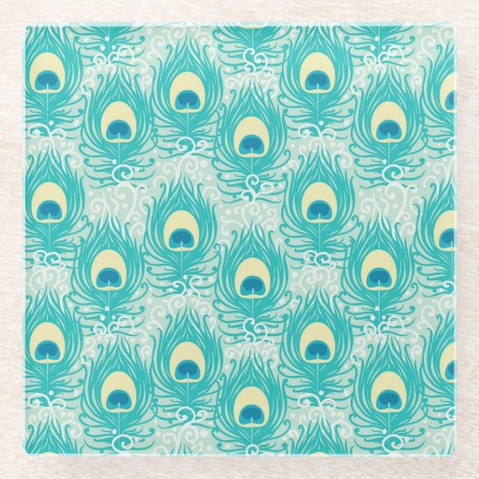 孔雀はパターンに羽をつけます ガラスコースター (正面)