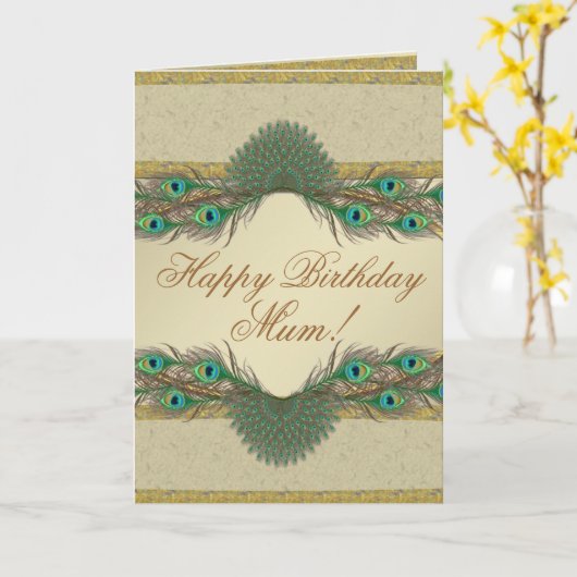 孔雀はフレームの母の誕生日カードに羽をつけます カード (黄色い花)