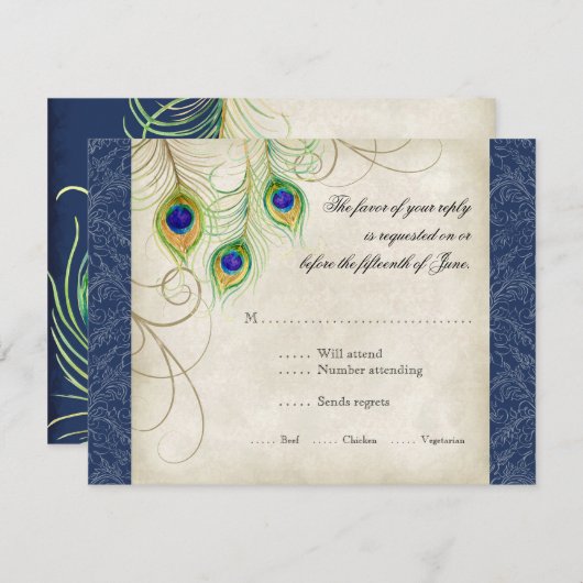 孔雀はロイヤルブルーの結婚式招待状に羽をつけます 出欠カード (正面/裏面)