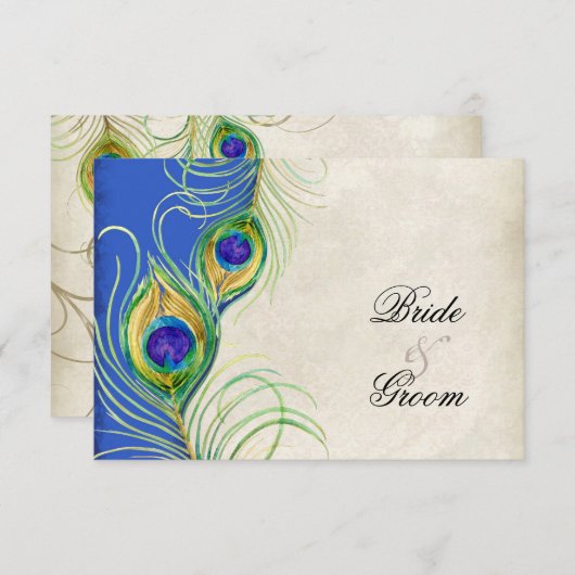 孔雀は青いダマスク織RSVPの応答カードに羽をつけます 出欠カード (正面/裏面)