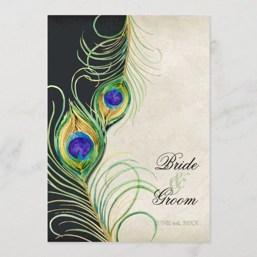 孔雀は黒いダマスク織の結婚式の文房具に羽をつけます メニュー (裏面)