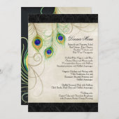 孔雀は黒いダマスク織の結婚式の文房具に羽をつけます メニュー (正面/裏面)