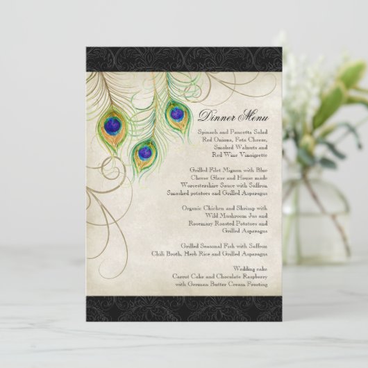孔雀は黒いダマスク織の結婚式の文房具に羽をつけます メニュー (スタンド正面)