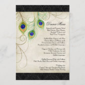 孔雀は黒いダマスク織の結婚式の文房具に羽をつけます メニュー (正面)