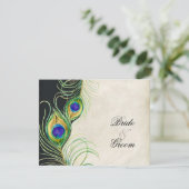 孔雀は黒いダマスク織RSVPの応答カードに羽をつけます 出欠カード (スタンド正面)