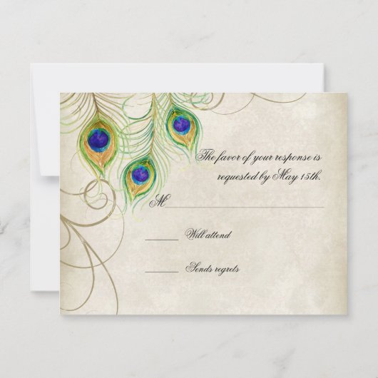 孔雀は黒いダマスク織RSVPの応答カードに羽をつけます 出欠カード (裏面)