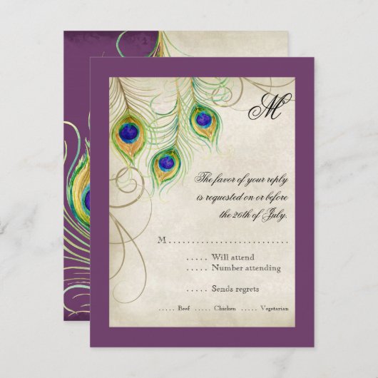 孔雀はRSVPの応答カードに羽をつけます 出欠カード (正面/裏面)