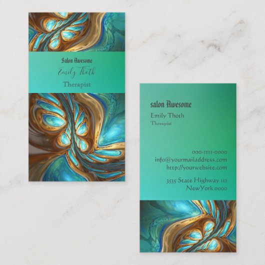 孔雀をイメージしたキレイな青と緑の 名刺 (正面/裏面)