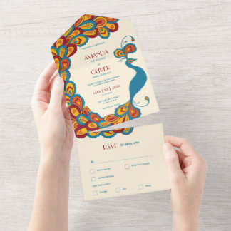 孔雀エレガンス数々の色ヴィンテージウェディング オールインワン招待状