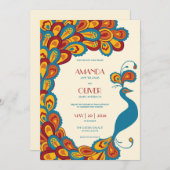 孔雀エレガンス数々の色ヴィンテージウェディング 招待状 (正面/裏面)