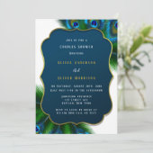 孔雀エレガントの羽と金ゴールドカップルのシャワー 招待状 (スタンド正面)