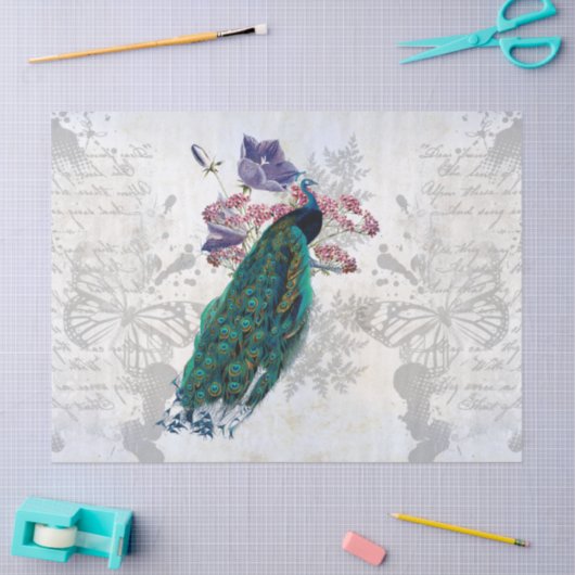 孔雀エレガントヴィンテージイラストレーションエフェメラ 薄葉紙 (クラフト)