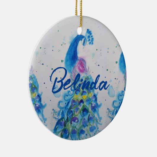 孔雀エレガント水色の鳥の鳥ネイビーブルー セラミックオーナメント (右)