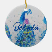 孔雀エレガント水色の鳥の鳥ネイビーブルー セラミックオーナメント (正面)