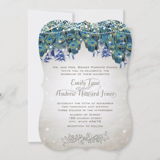 孔雀エレガント羽ティール（緑がかった色）ブルーグリーンターコイズ 招待状 (正面)