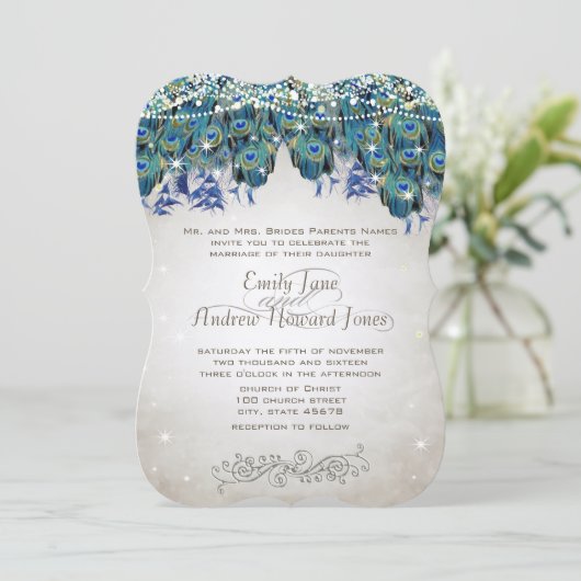 孔雀エレガント羽ティール（緑がかった色）ブルーグリーンターコイズ 招待状 (スタンド正面)