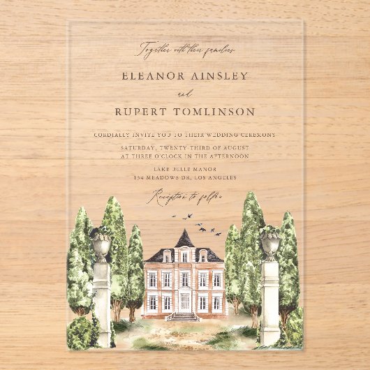 孔雀エレガント羽ビンテージウェディング アクリル招待状 (正面)