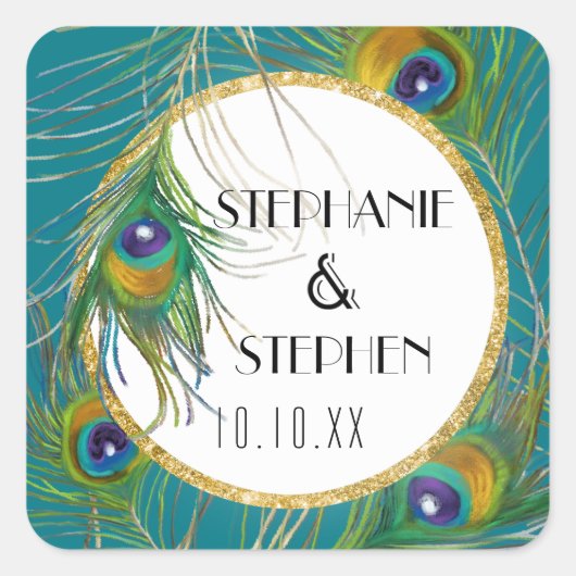 孔雀エレガント羽w金ゴールドグリッター結婚式 スクエアシール (正面)